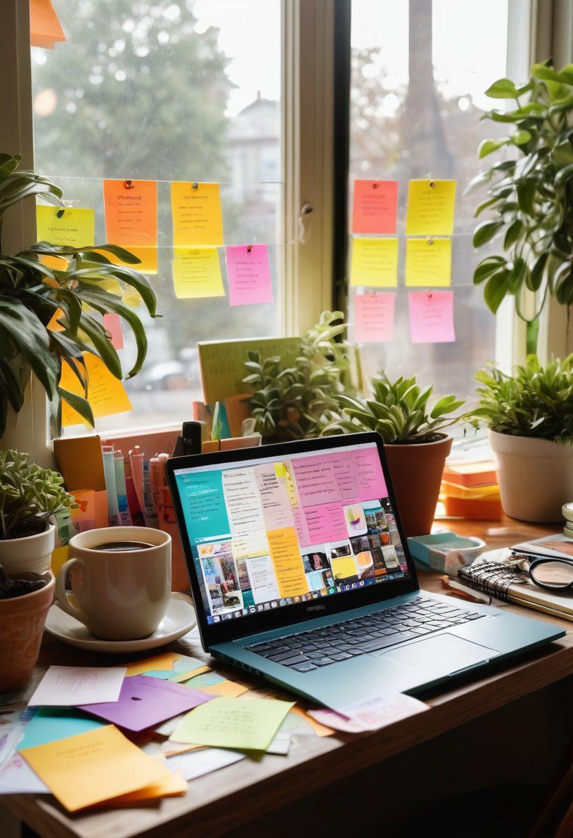 A captivating workspace featuring a laptop open to a vibrant blog interface, surrounded by artistic stationery, a steaming cup of coffee, and a vision board covered in colorful post-it notes and inspirational quotes. Sunlight streaming through a window illuminates the scene, evoking creativity and productivity, with a lush plant in the corner. super-realistic. vibrant colors. warm lighting.
