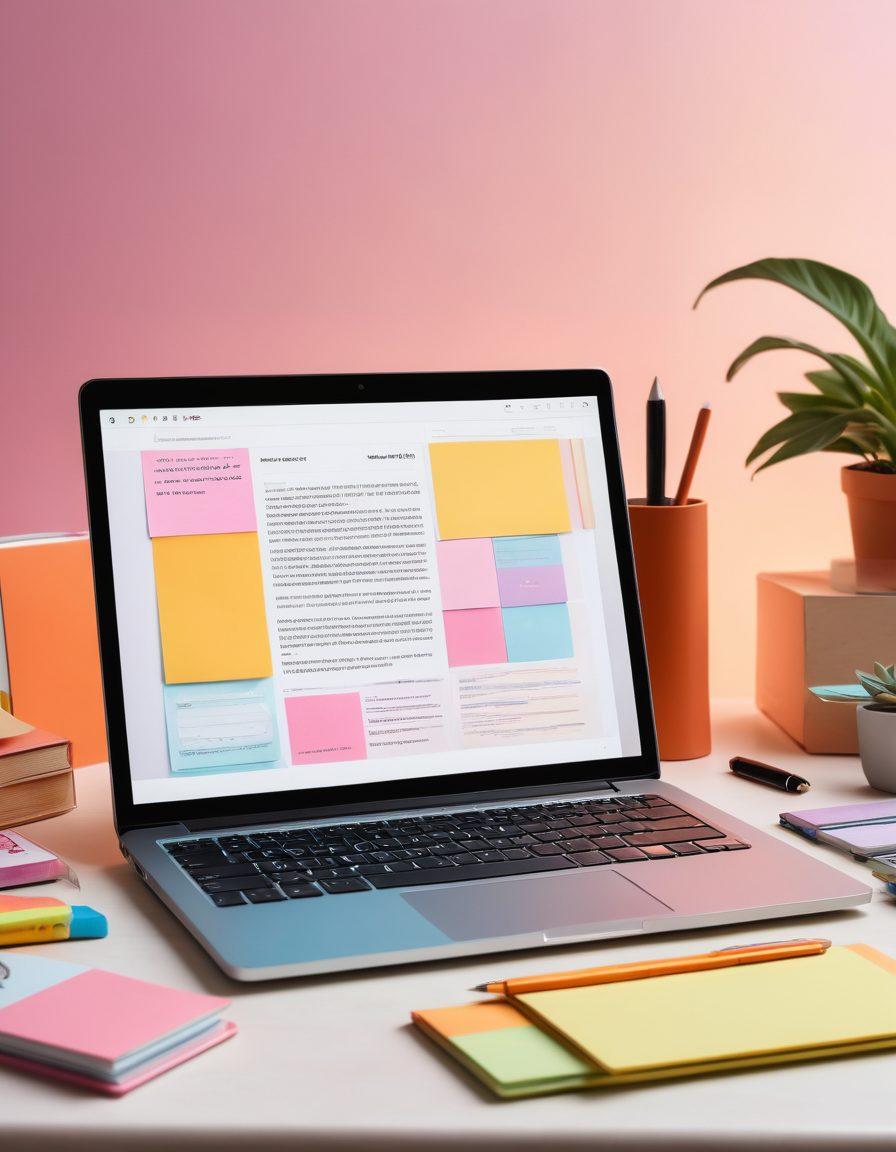 A collage depicting a personal journal transforming into a vibrant laptop screen showing a niche blog theme, with elements like pens, colorful notes, and digital icons surrounding it. The background features a soft gradient blending from cozy home vibes to a digital workspace. Super-realistic. Vibrant colors. Soft focus.