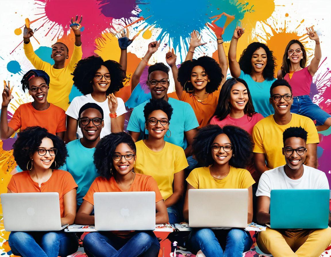 A vibrant and dynamic digital collage showcasing a diverse group of people joyfully engaging in various creative blogging activities, surrounded by colorful artistic elements like paint splashes, musical notes, and open laptops. Incorporate a welcoming atmosphere with bright colors representing the Bighip community's creativity and inclusivity. The background should feature abstract patterns symbolizing inspiration and collaboration. vector art. vibrant colors. white background.